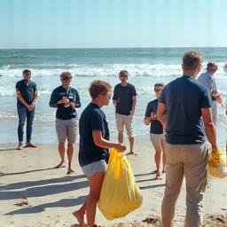 Corporate team conducting a beach cleanup